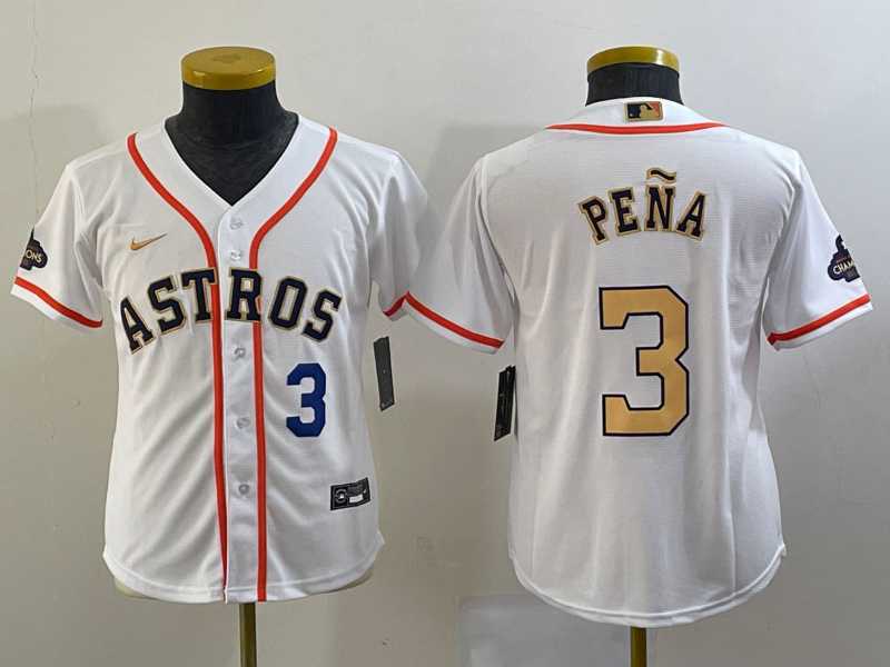 Youth Houston Astros #3 Jeremy Pena Number 2023 White Gold World Serise Champions Patch Cool Base Jersey